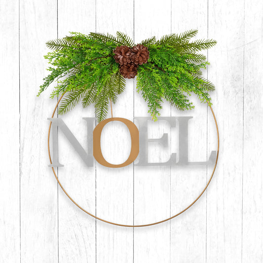 Elegant NOEL Christmas wreath with greenery and pinecones, perfect for festive holiday decor and seasonal celebrations.
