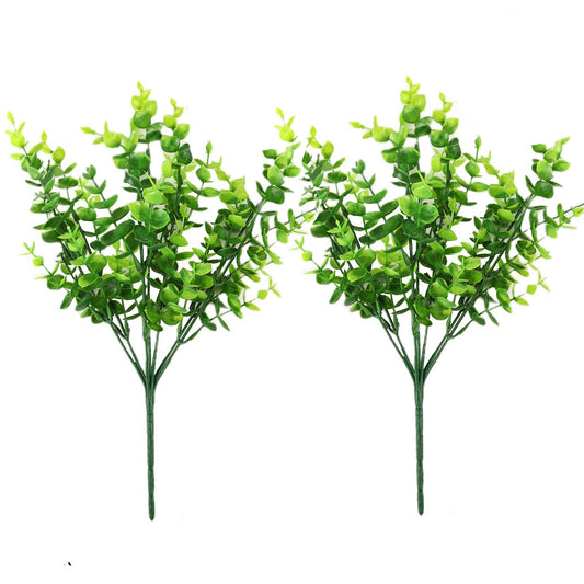 2 pack of faux eucalyptus plants, perfect for home, office, and wedding decorations. Durable and maintenance-free artificial greenery.