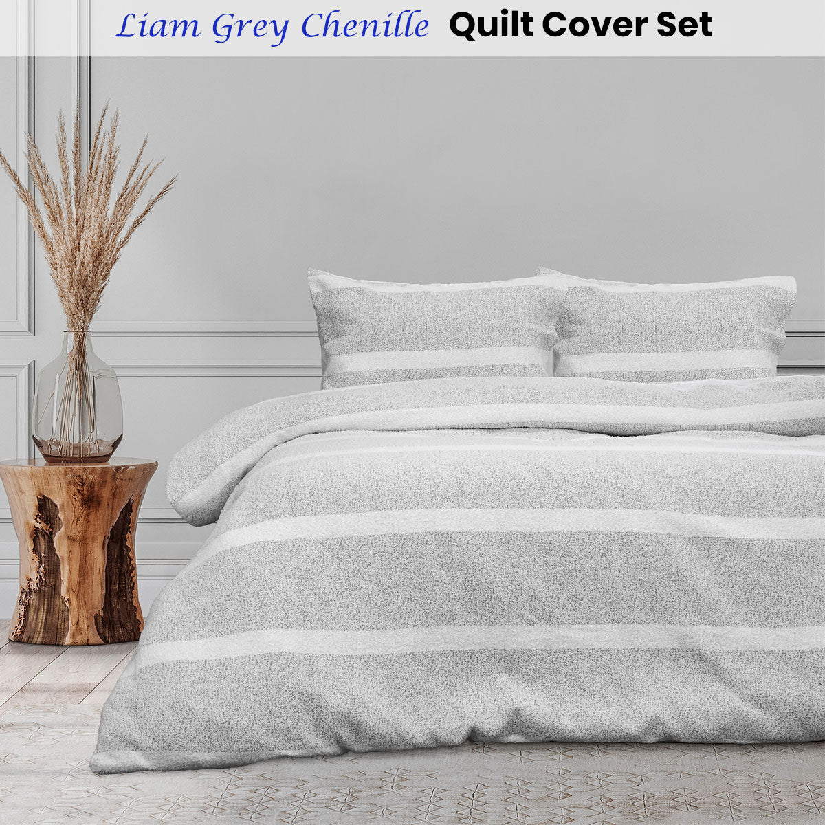 Liam Grey Chenille Quilt Cover Set featuring soft striped design and grey tones, perfect for a cozy winter bedroom.