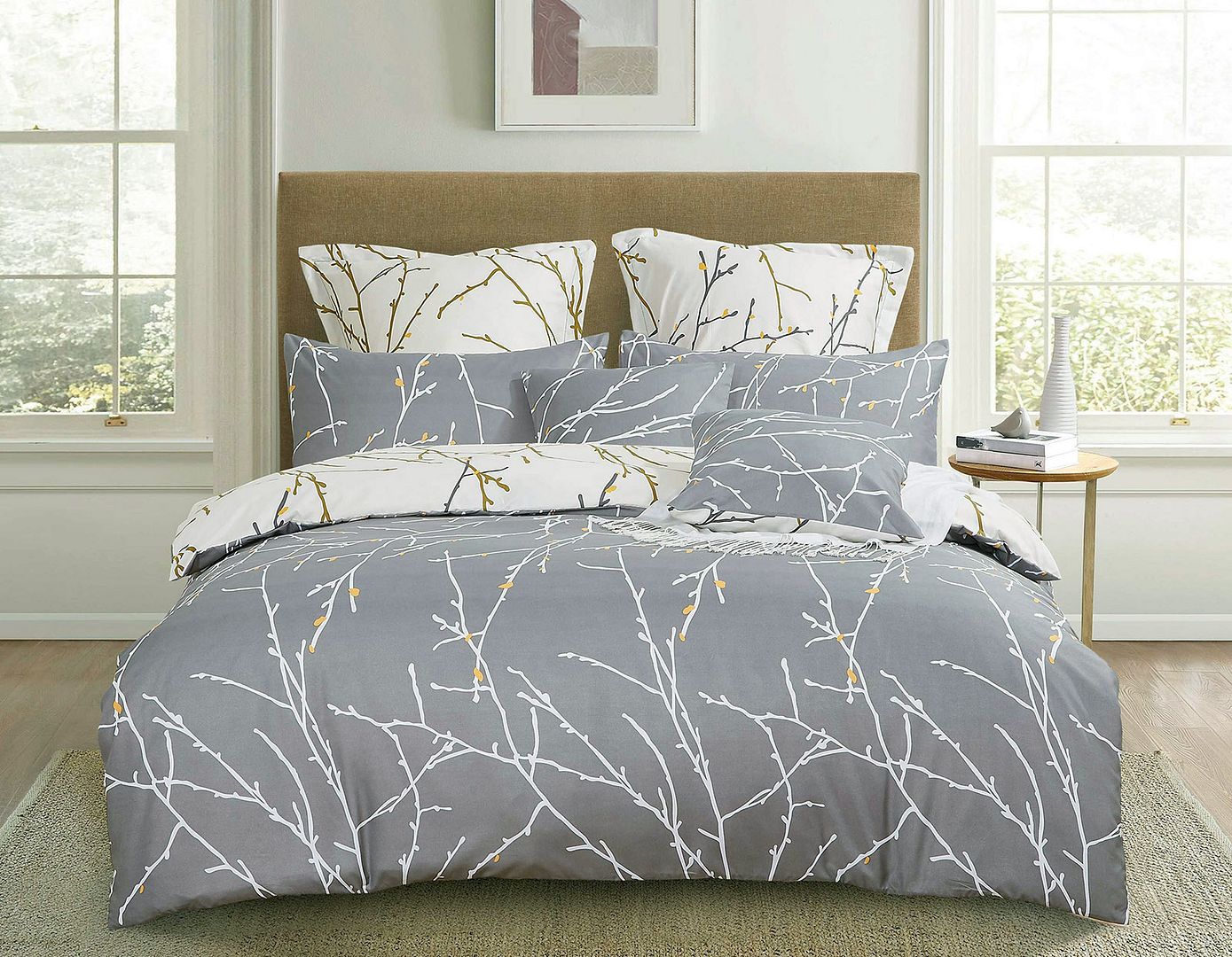 Tree Reversible Grey King Quilt Cover Set showcasing comfort and luxury with a delicate nature-inspired design.