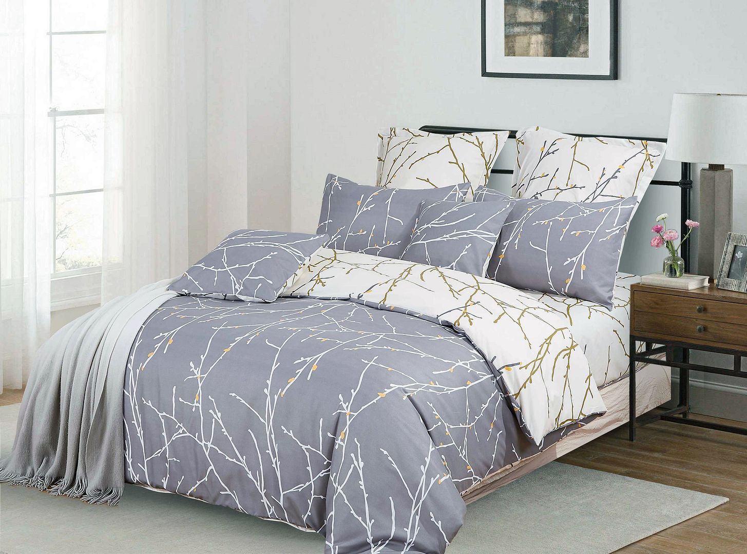 Tree Reversible Grey King Quilt Cover Set showcasing comfort and luxury with delicate tree branch patterns.