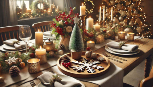 Elegant Christmas table setting with candles, greenery, and a festive centerpiece, perfect for holiday gatherings.