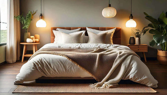 Cozy bedroom featuring cotton bed sheets with decorative pillows and warm lighting, showcasing sustainable home decor.