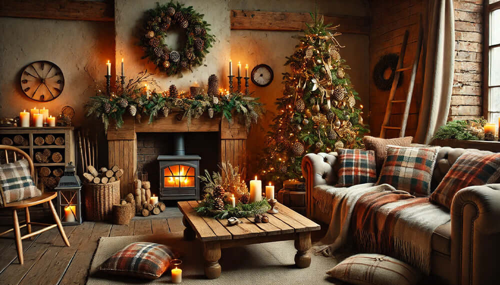 Cozy rustic Christmas décor featuring a decorated tree, candles, and a warm fireplace for festive gatherings.