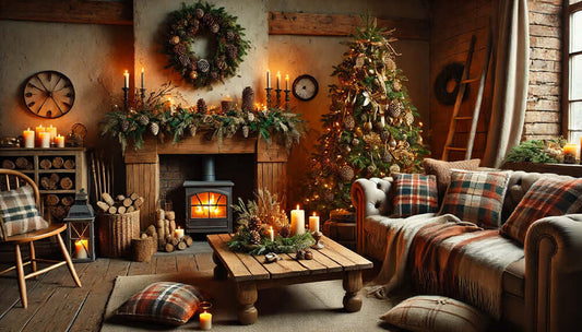 Cozy rustic Christmas décor featuring a decorated tree, candles, and a warm fireplace for festive gatherings.