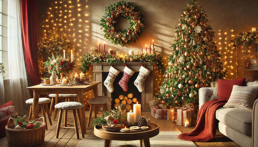 Cozy living room with Christmas décor, featuring a decorated tree, wreath, stockings, and warm xmas lights.
