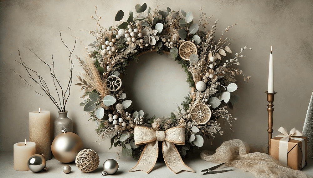Elegant Christmas wreath with natural elements, candles, ornaments, and a gift box, perfect for festive decorating ideas.