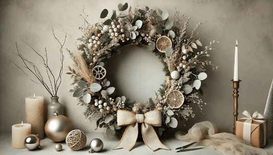 Elegant Christmas wreath with natural elements, candles, ornaments, and a gift box, perfect for festive decorating ideas.