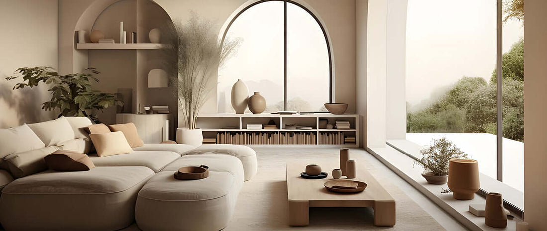 Japandi living room design featuring neutral tones, minimalistic furniture, and natural light for a serene atmosphere.