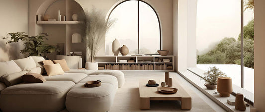 Japandi living room design featuring neutral tones, minimalistic furniture, and natural light for a serene atmosphere.