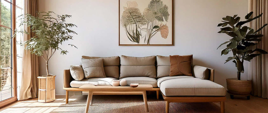 Cozy living room with a beige sectional sofa, plants, and stylish artwork creating a welcoming atmosphere.