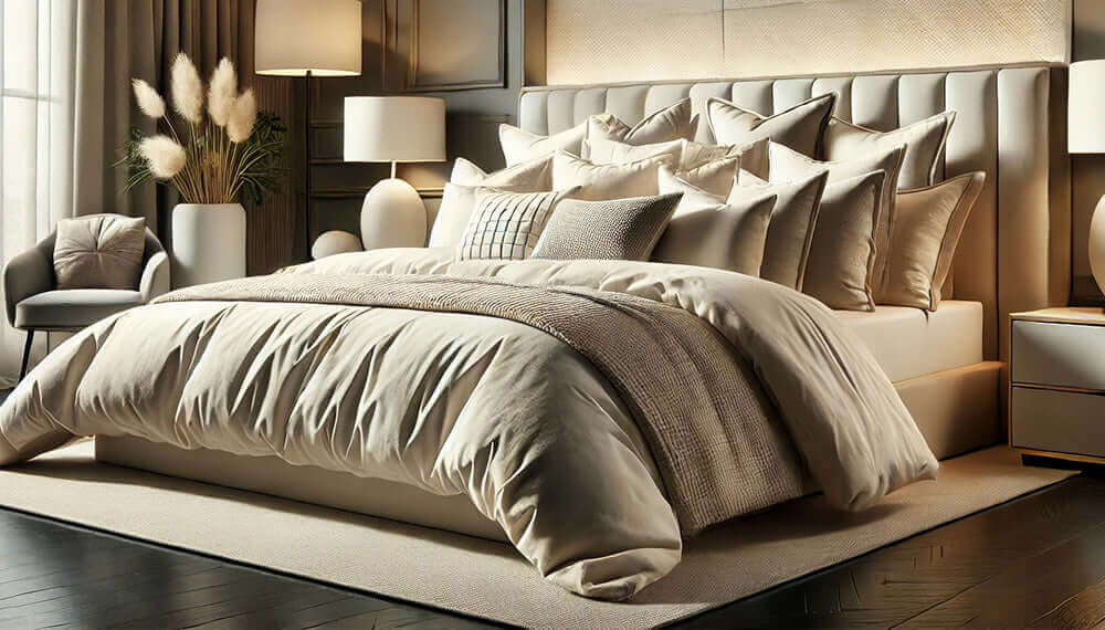 Luxurious super king bedding set with plush pillows in a stylishly designed bedroom.