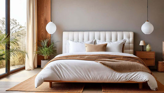 Modern bedroom featuring a white bed with cozy bedding, decorative pillows, and natural light from large windows.