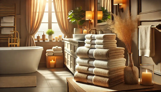 Luxurious bathroom setting featuring stacked white towels, a freestanding tub, and warm candlelight for a cozy ambiance.