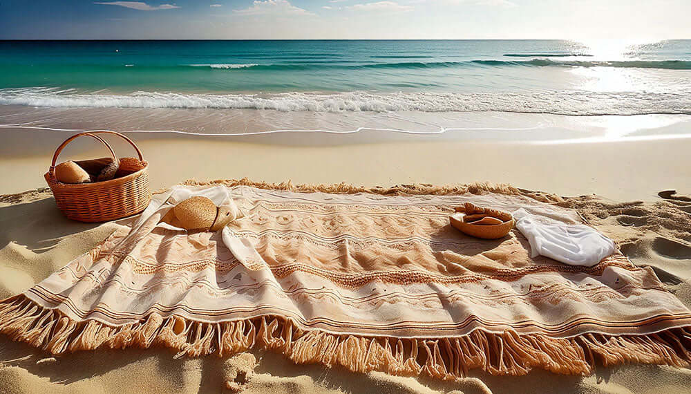 Cozy beach towels spread on golden sand, with a woven basket and peaceful ocean in the background. Ideal for summer outings.