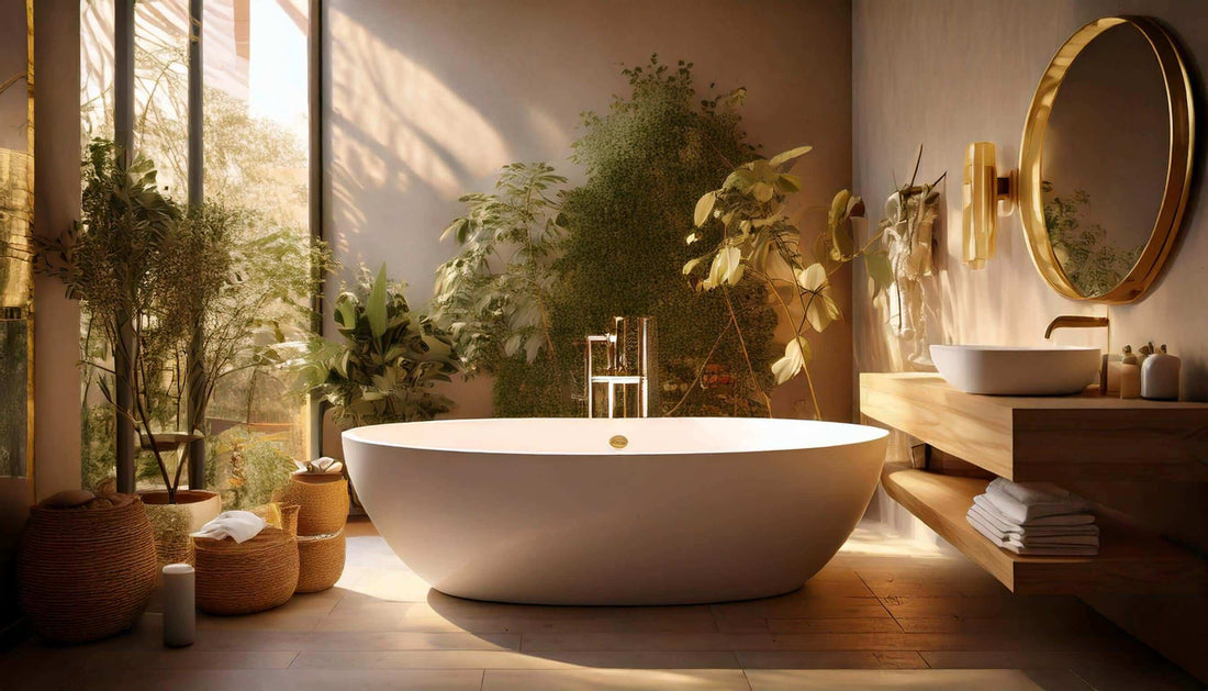 Serene bathroom sanctuary featuring a modern freestanding tub, natural plants, and stylish decor for a calming retreat.