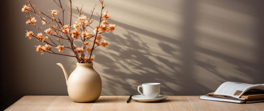 Cozy minimalistic interior with a vase of flowers, a cup of tea, and an open book on a wooden table.