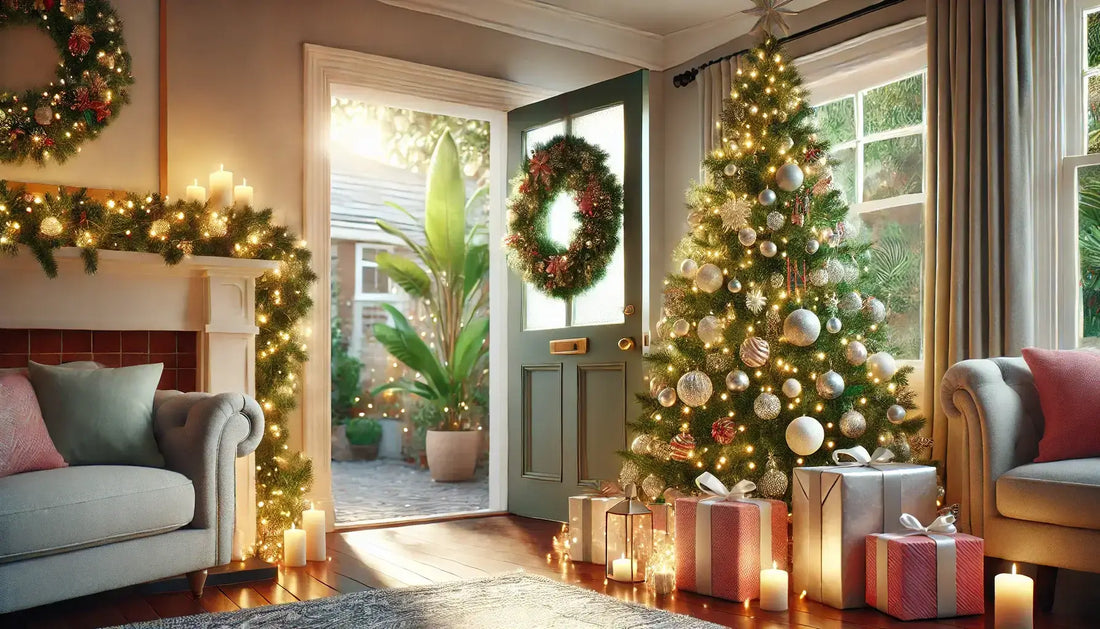 Cozy living room decorated for Christmas with a tree, wreaths, candles, and wrapped gifts.