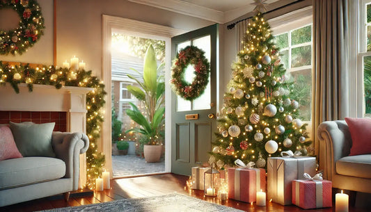 Cozy living room decorated for Christmas with a tree, wreaths, candles, and wrapped gifts.