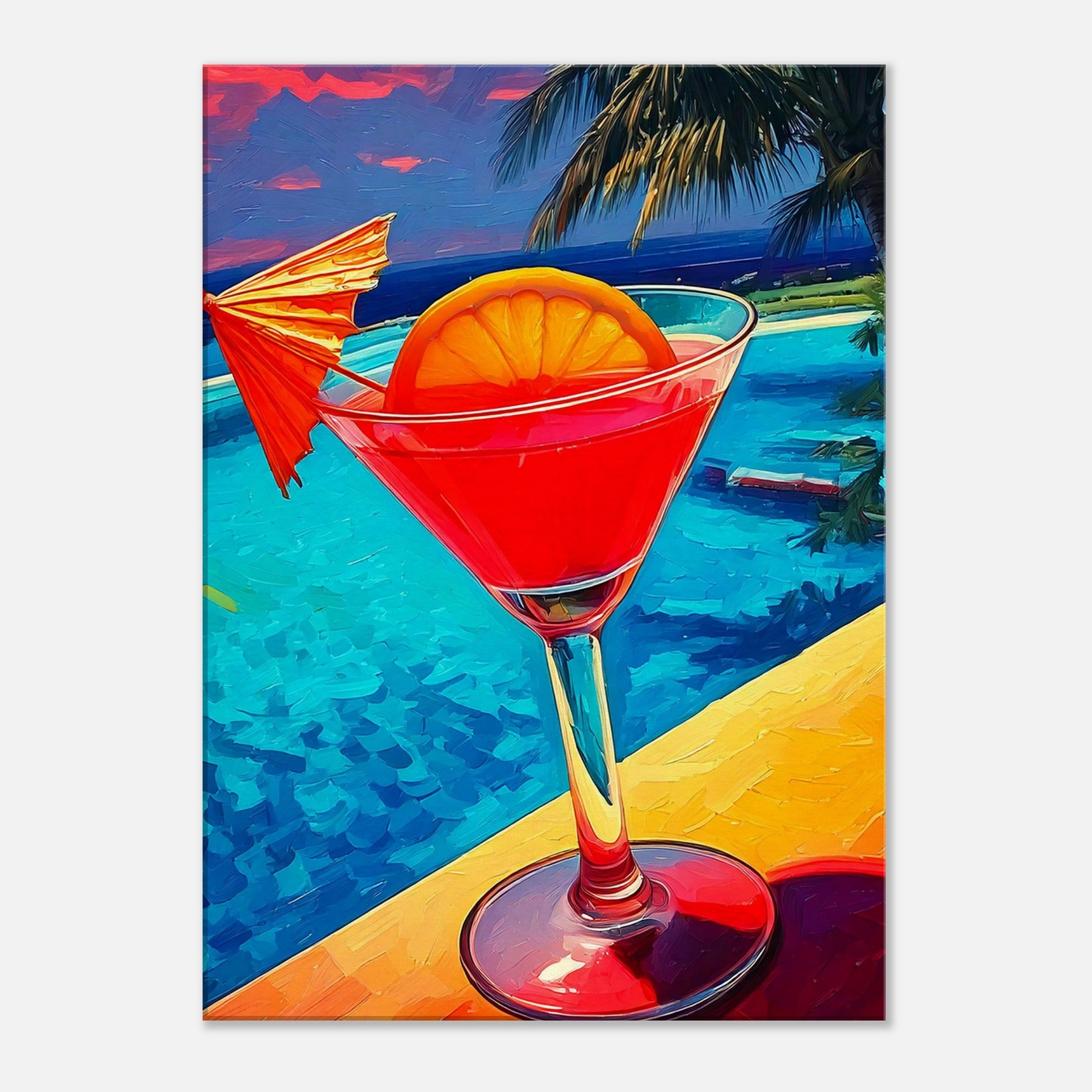 Vibrant tropical cocktail in a glass with an orange slice, overlooking a blue pool, perfect for wall art decor.