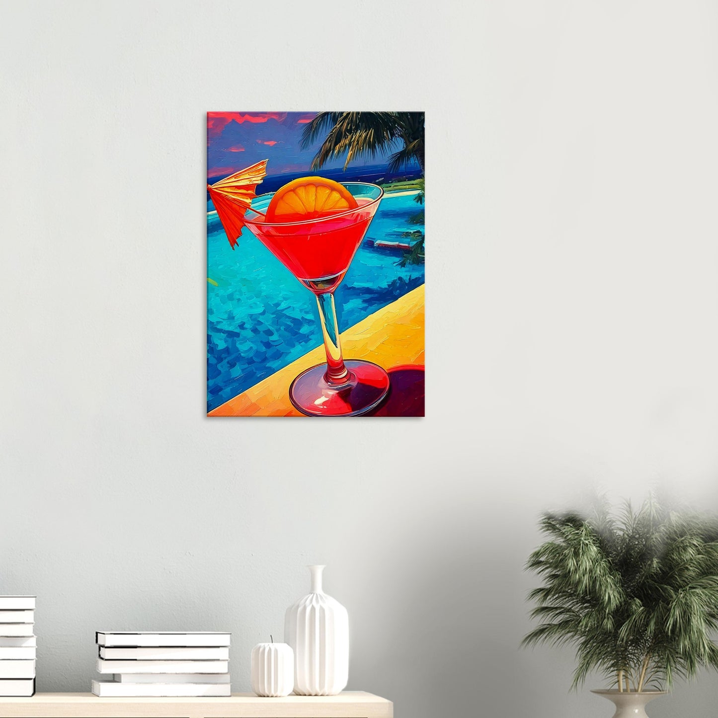 Tropical cocktail canvas print on wall, vibrant wall art featuring a colorful drink by the poolside, perfect abstract artwork for any room.