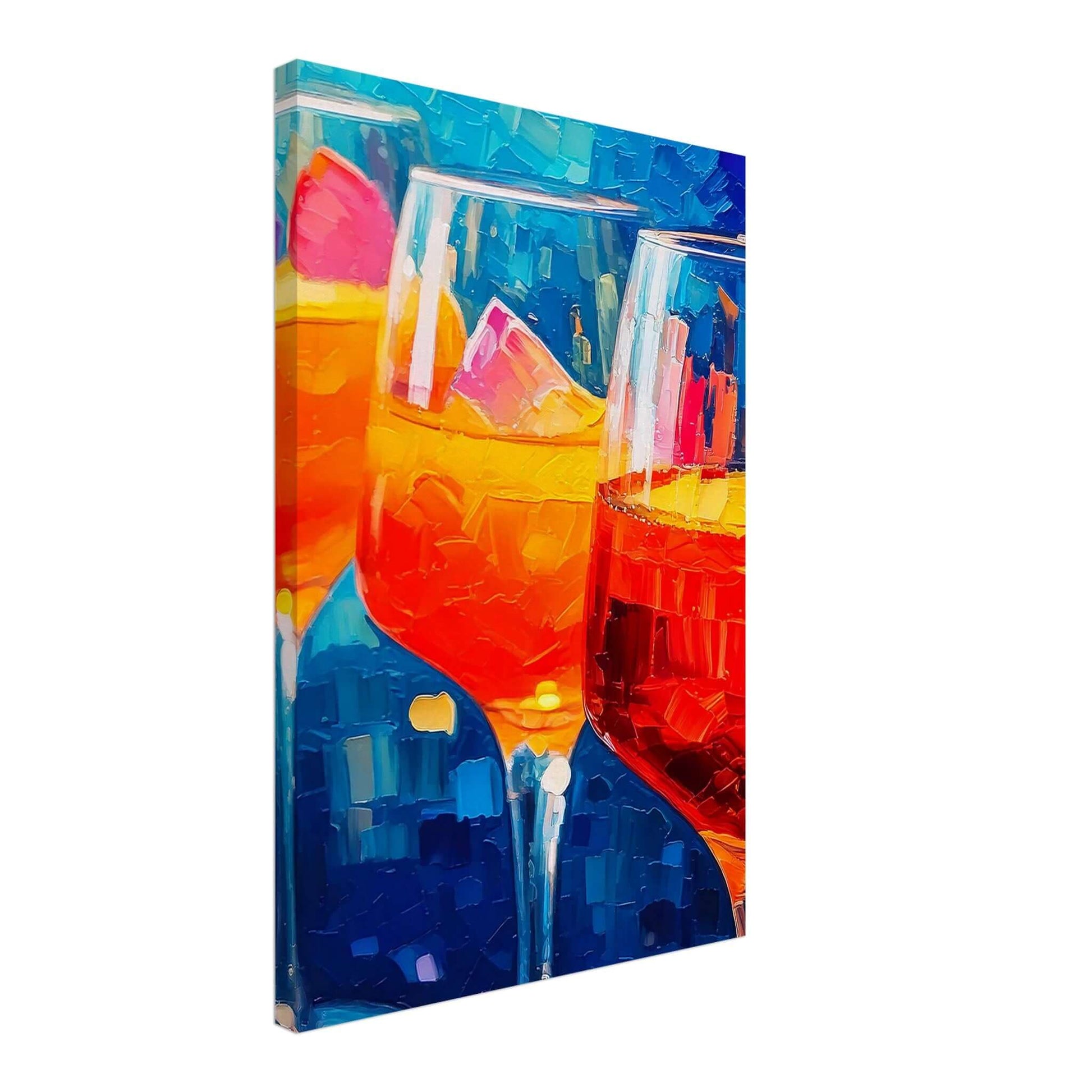 Vibrant Aperitivo Glow canvas print featuring colorful cocktail glasses, ideal wall art for adding joy and sophistication.