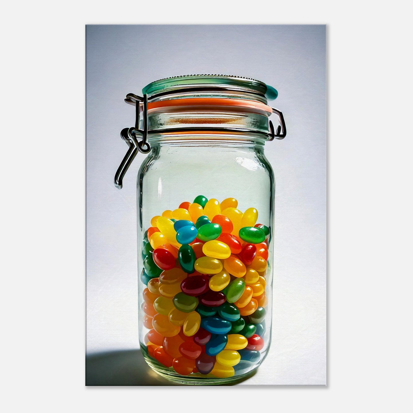 Colourful jellybeans in a glass jar, perfect wall art for a vibrant and playful decor. Ideal canvas print for any room.