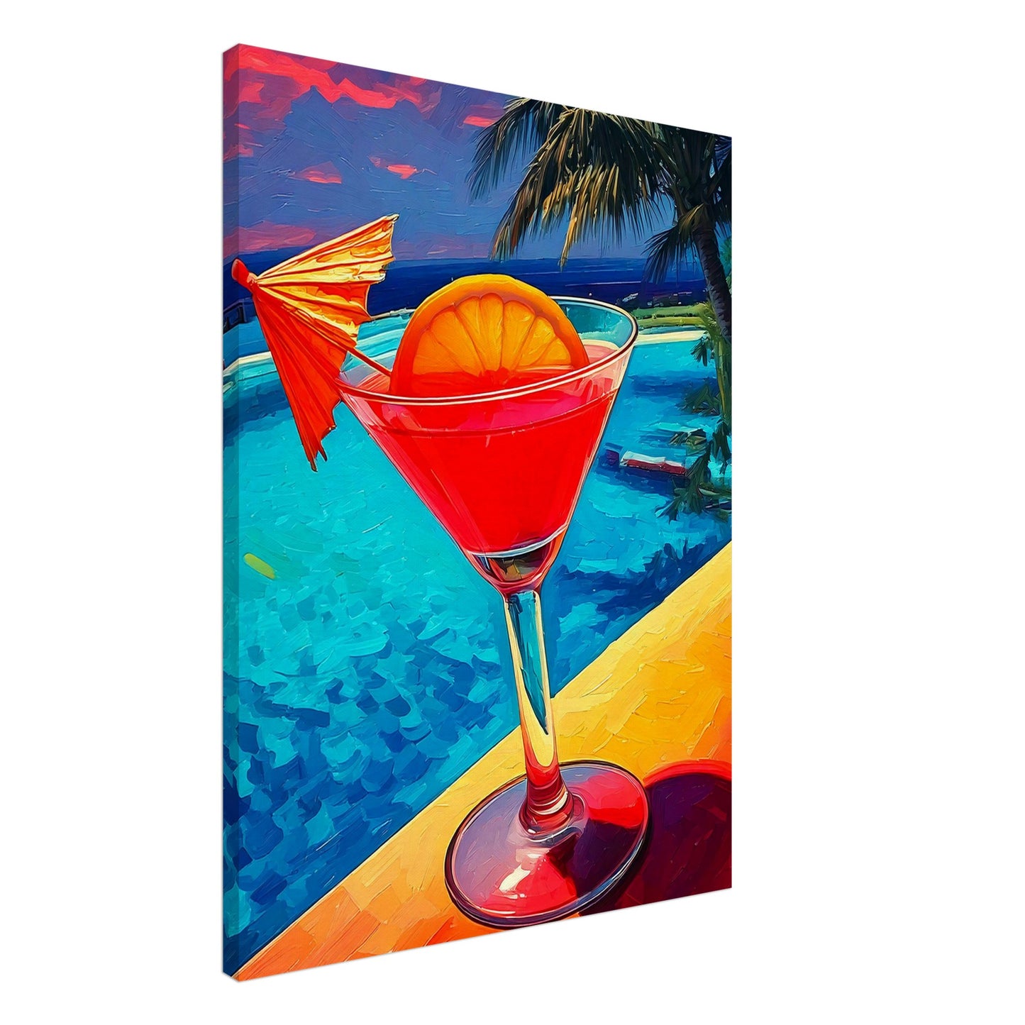 Vibrant tropical cocktail artwork on canvas, perfect wall art for a sophisticated escape theme.