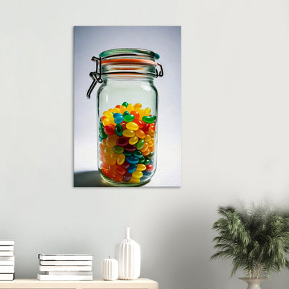 Colourful jellybean jar canvas print, vibrant wall art for a fun and nostalgic decor touch.