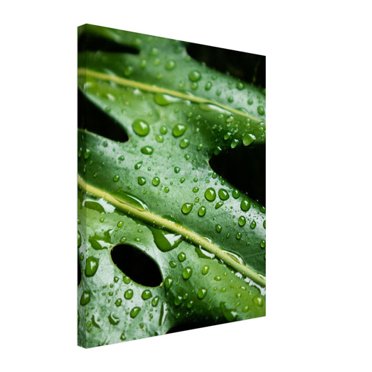 Tropical Monstera Leaf with Rain Drops - Nature Canvas Wall Art Print Option 1