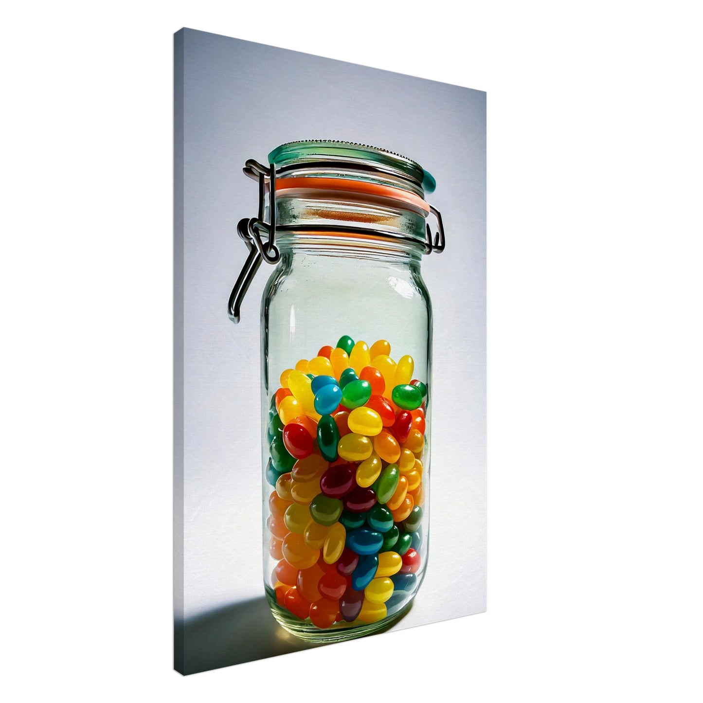 Vibrant canvas print of a glass jar filled with colorful jellybeans, perfect for playful wall art in any room.