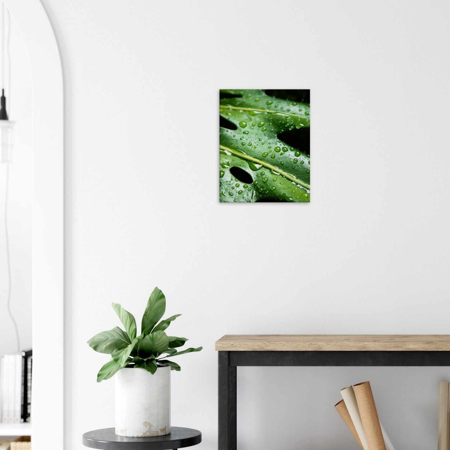 Tropical Monstera Leaf with Rain Drops - Nature Canvas Wall Art Print Hallway