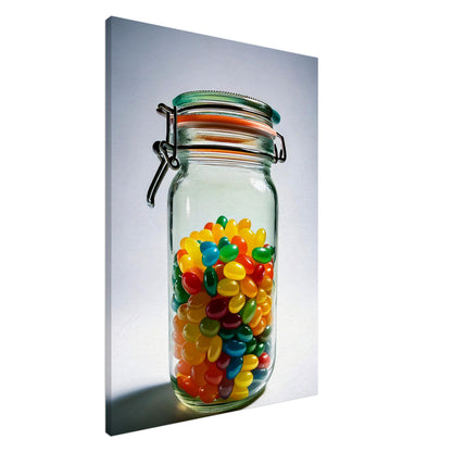 Vibrant jellybeans in a glass jar showcased as colorful wall art canvas print, perfect for brightening any room.