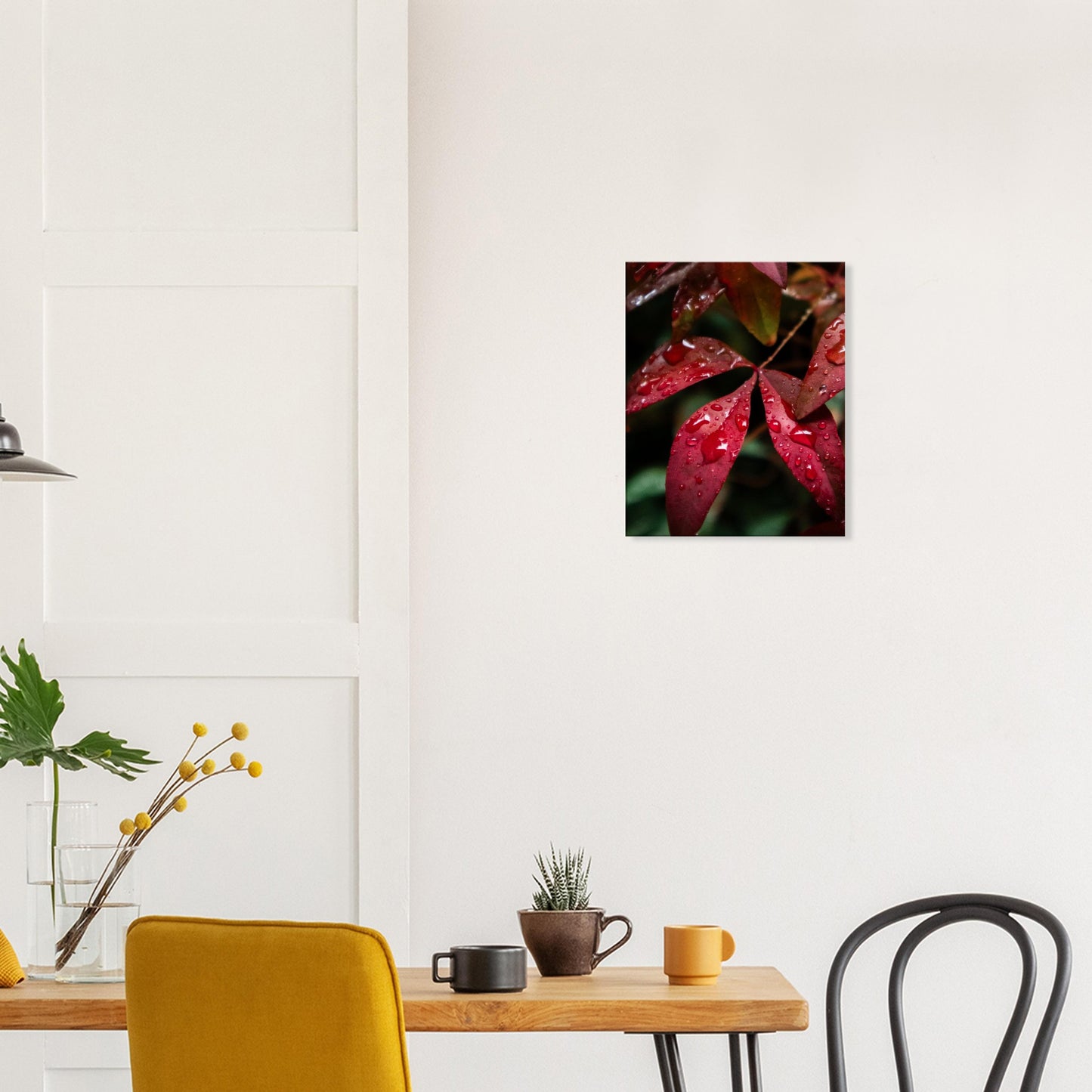 Rich Red Autumn Leaves with Rain Drops - Nature Canvas Wall Art Print Dining Room