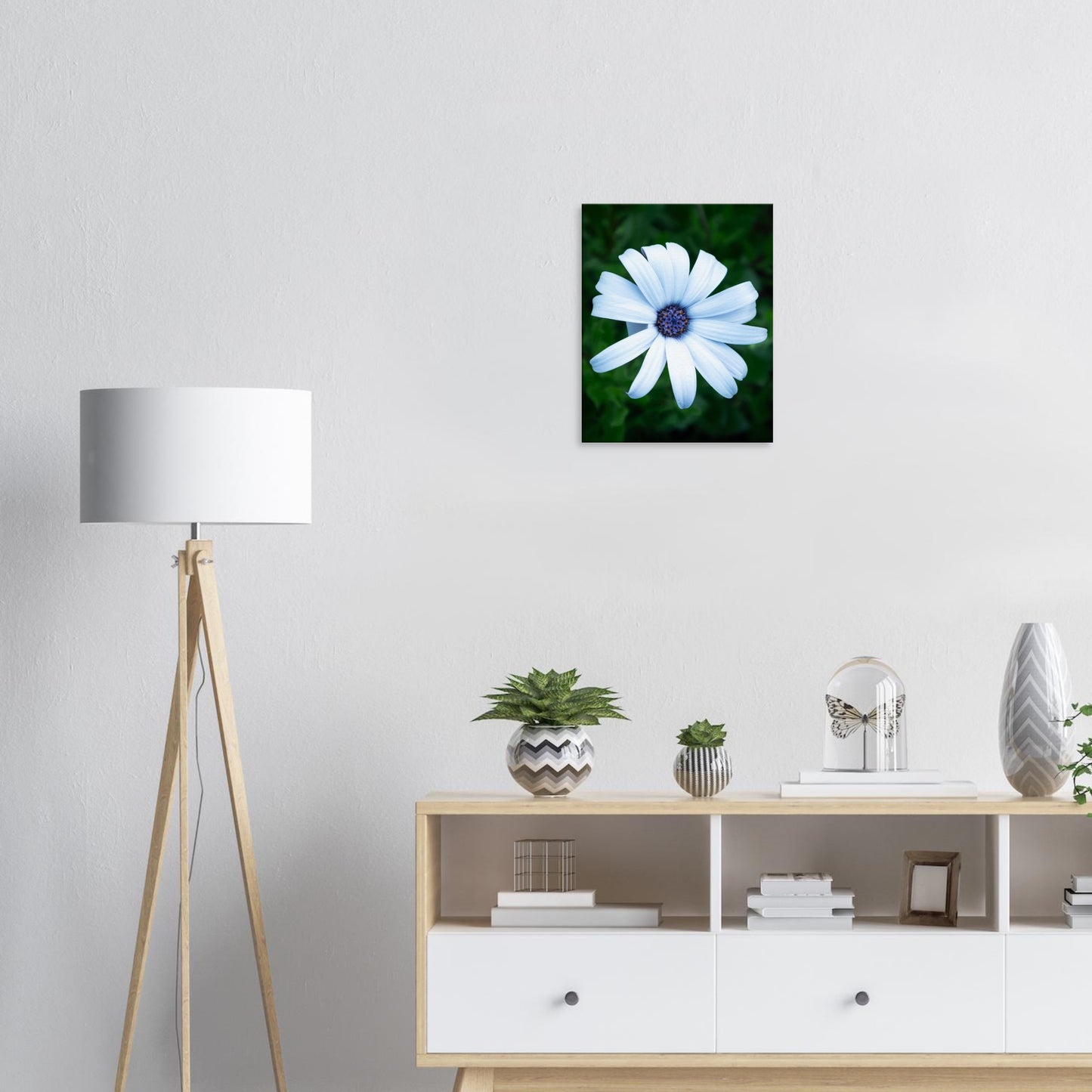 Bright White Flower with Purple Center - Nature Canvas Wall Art Print Living Room