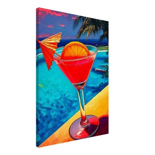 Tropical cocktail canvas print featuring a vibrant red drink by a blue pool, perfect wall art for an uplifting space.