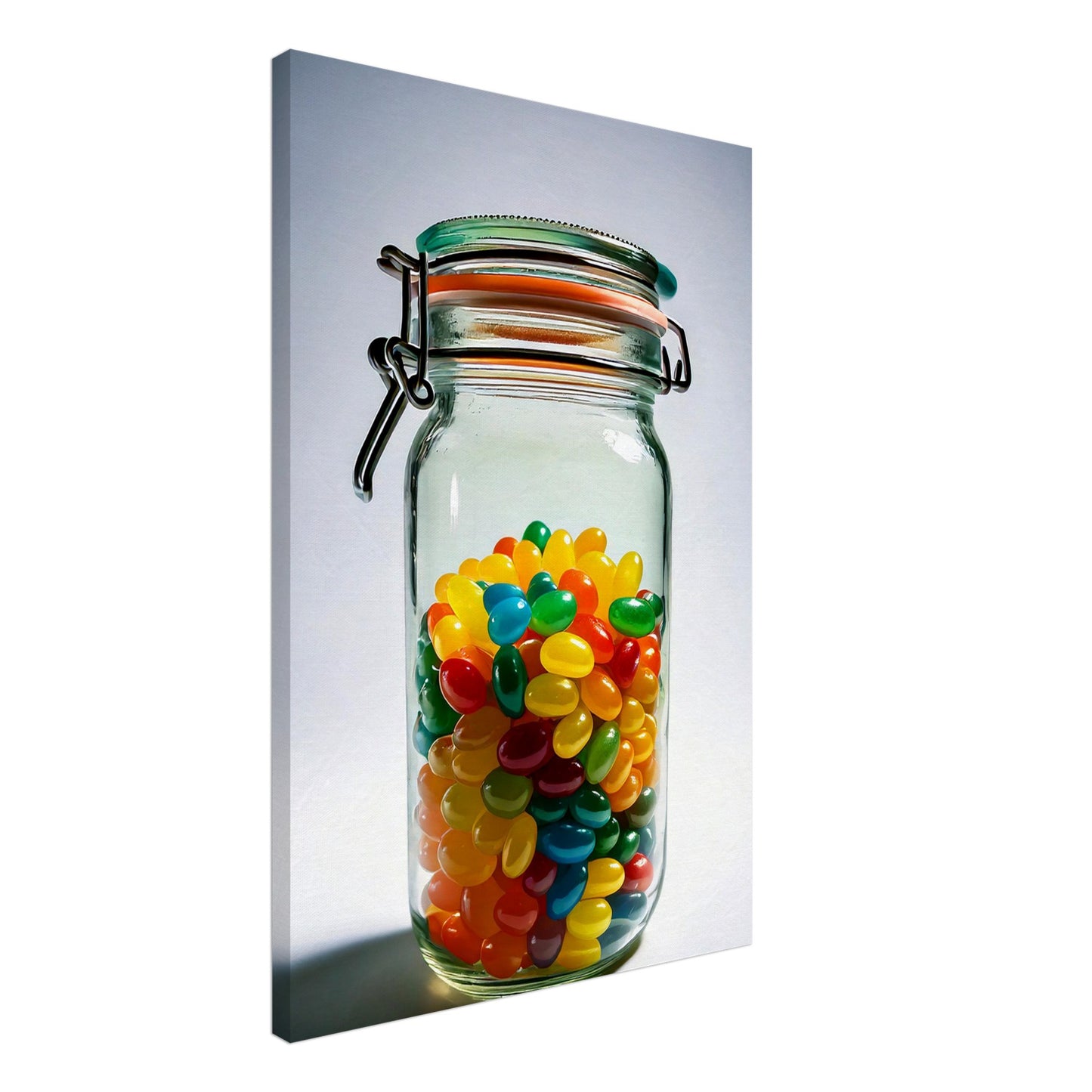 Vibrant jar of jellybeans showcased in a canvas print, perfect wall art for adding color and cheer to any space.