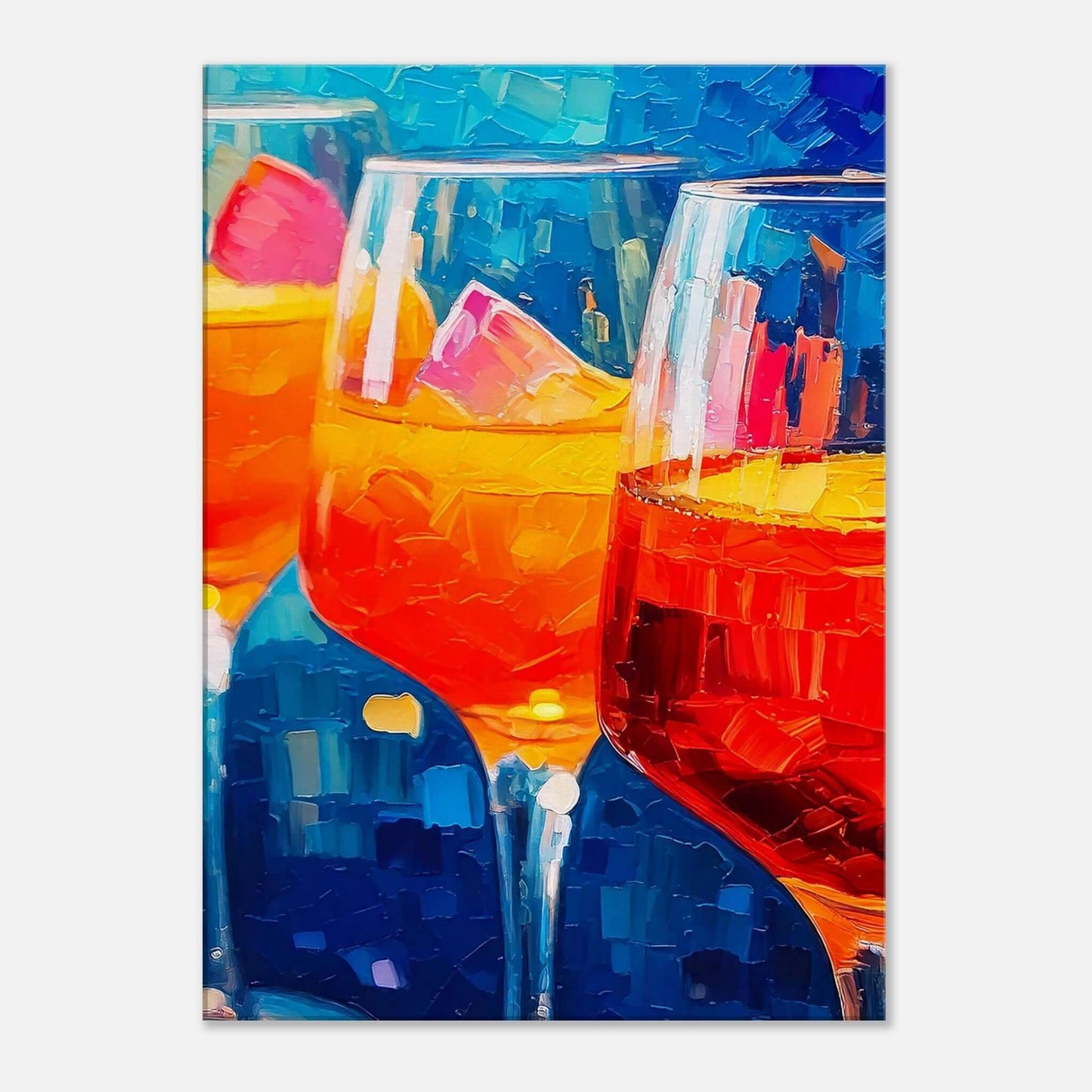 textured canvas print of vibrant aperitivo drinks in orange and blue, perfect wall art for home decor and celebration themes.