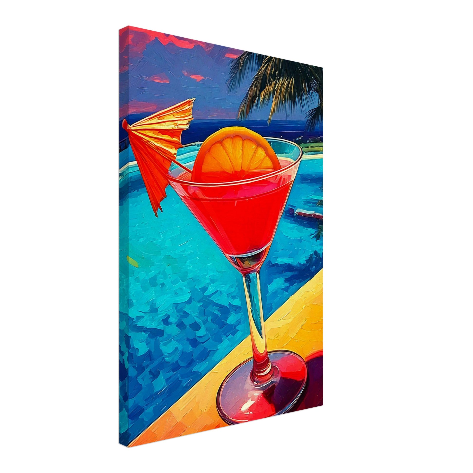 Vibrant tropical cocktail artwork on canvas print, perfect wall art for a refreshing, colorful decor.