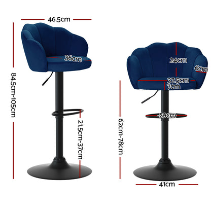 Artiss 2x velvet blue bar stools with backrest and gas lift, showcasing height and dimensions for perfect counter fit.