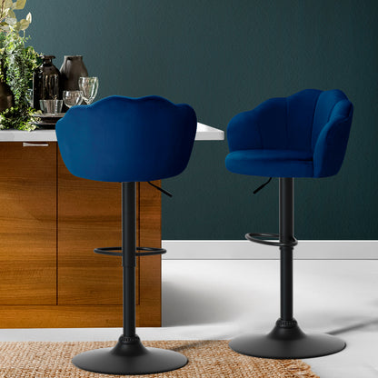 Artiss 2x bar stools in plush velvet blue with backrest, ideal for stylish counter seating.