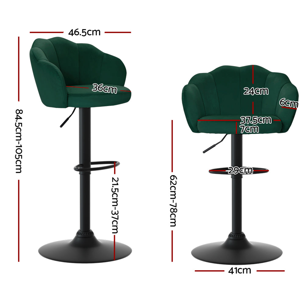 Artiss Velvet Green bar stools with gas lift and backrest, showcasing dimensions for stylish counter seating.