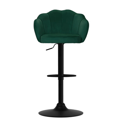 Stylish velvet green bar stool with backrest and gas lift for adjustable height, perfect for kitchen or counter use.