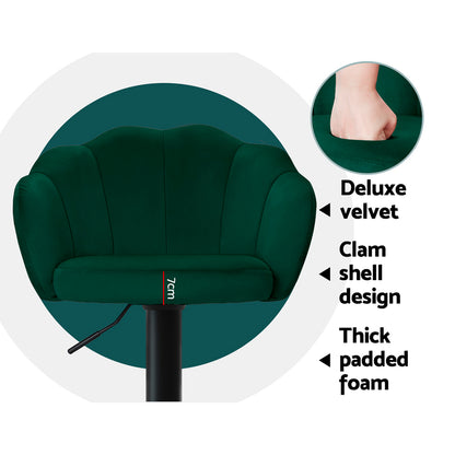 Artiss velvet bar stool featuring a clam shell design, thick padded foam, and a gas lift mechanism for comfort and style.