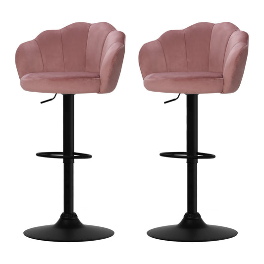 Set of 2 velvet pink bar stools with backrest and gas lift mechanism, ideal for stylish counter seating.