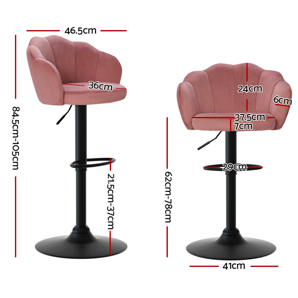 Artiss 2x gas lift bar stools in plush velvet pink with backrest, showcasing dimensions for stylish home seating.