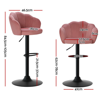 Artiss 2x gas lift bar stools in plush velvet pink with backrest, showcasing dimensions for stylish home seating.