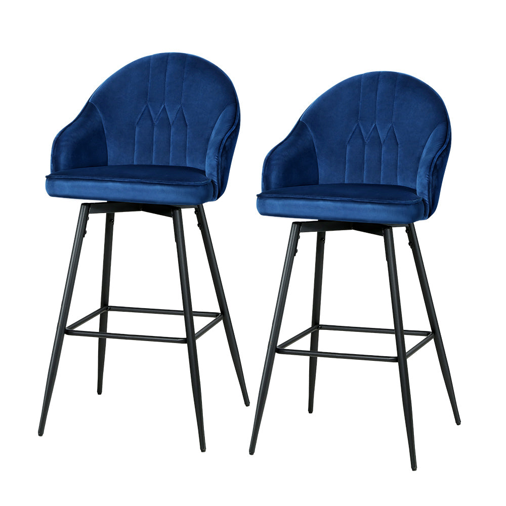 Stylish Artiss blue velvet bar stools with metal legs, perfect for kitchen counters and home bars.