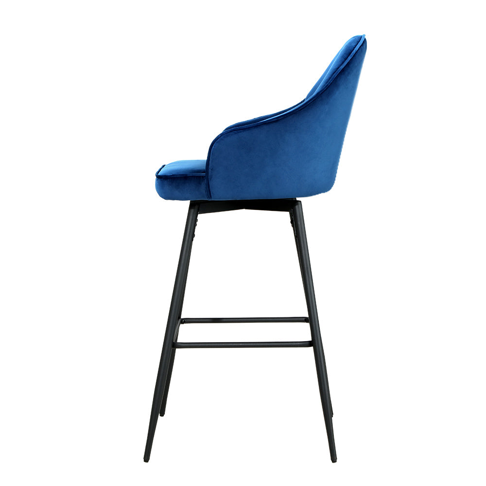 Stylish blue velvet bar stool with metal legs, perfect for kitchen counters or home bars, offering plush comfort and modern design.