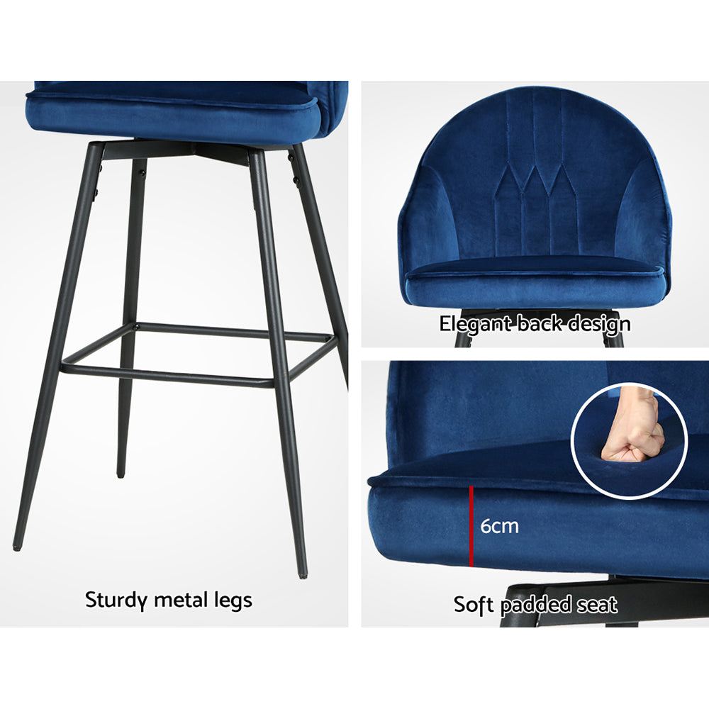 Artiss blue velvet bar stool with sturdy metal legs, elegant back design, and soft padded seat for comfort and style.